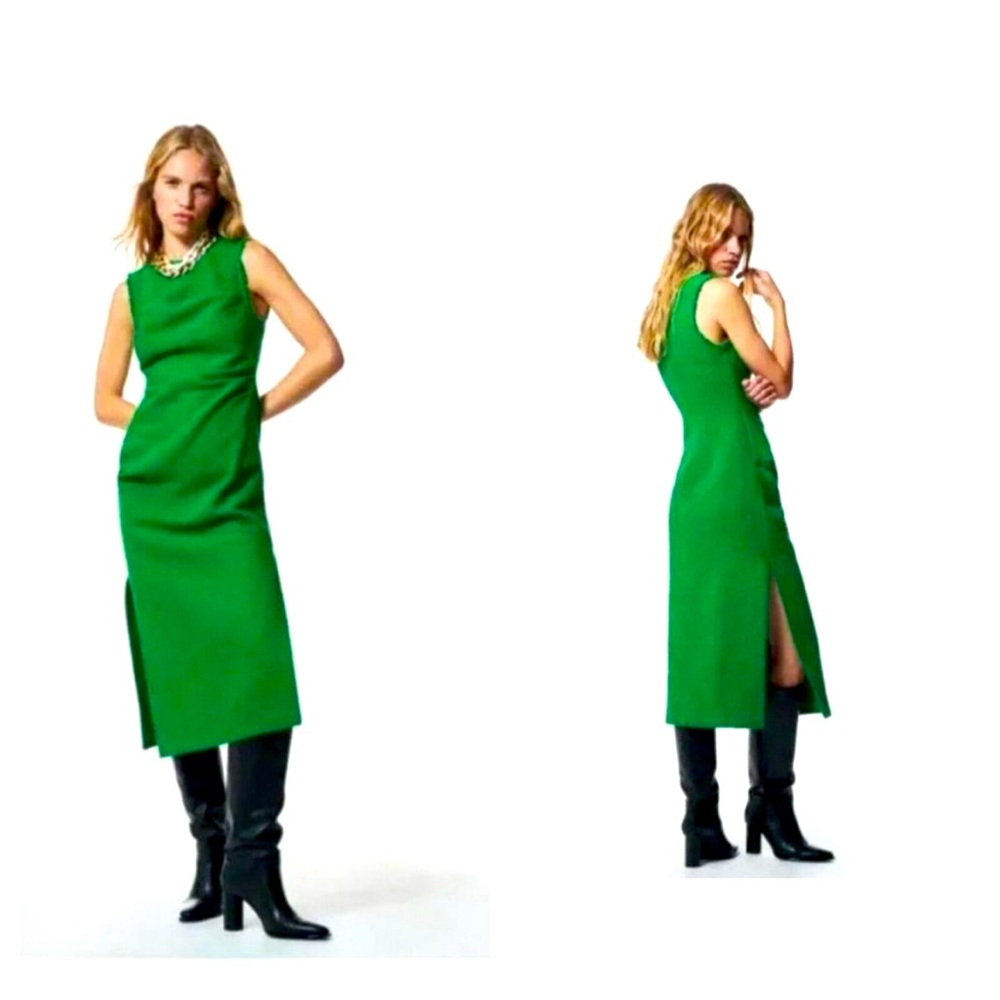 NWT Zara Acid Green Tweed Like Sleeveless Midi Dress w Slits S